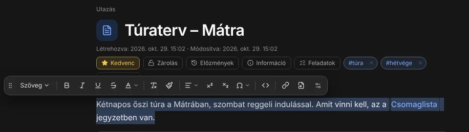A kijelölés fölötti lebegő menü