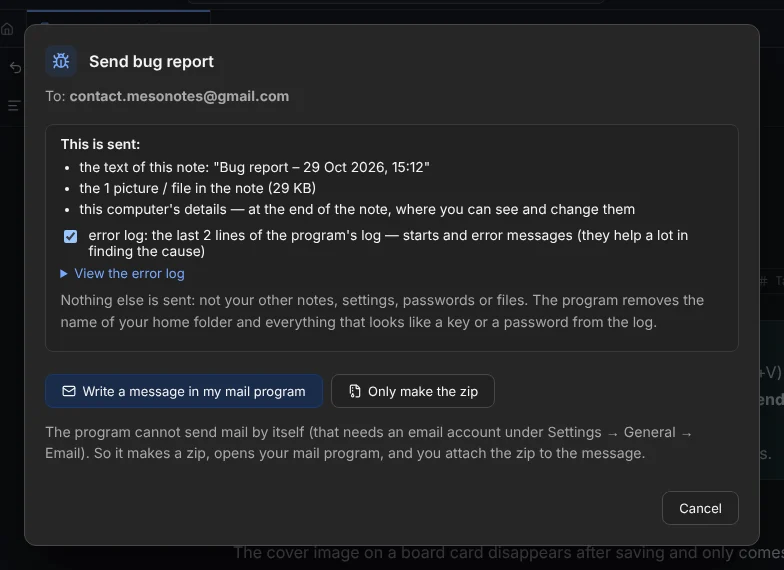 The Send bug report window
