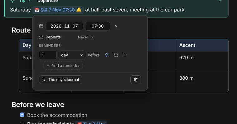 The settings of a date: day, time, repeat, reminder