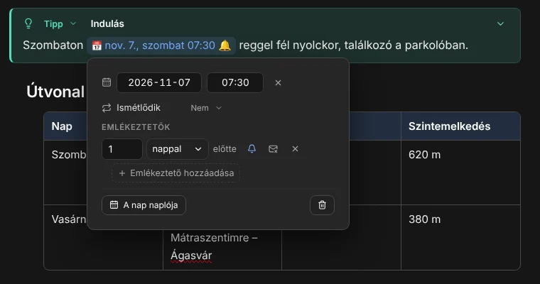 Egy dátum beállításai: nap, időpont, ismétlődés, emlékeztető