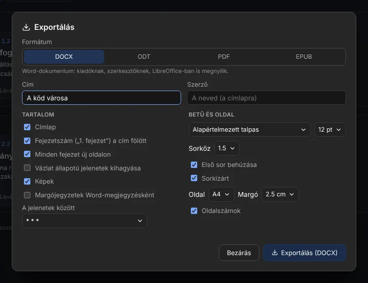 Az exportálás ablaka