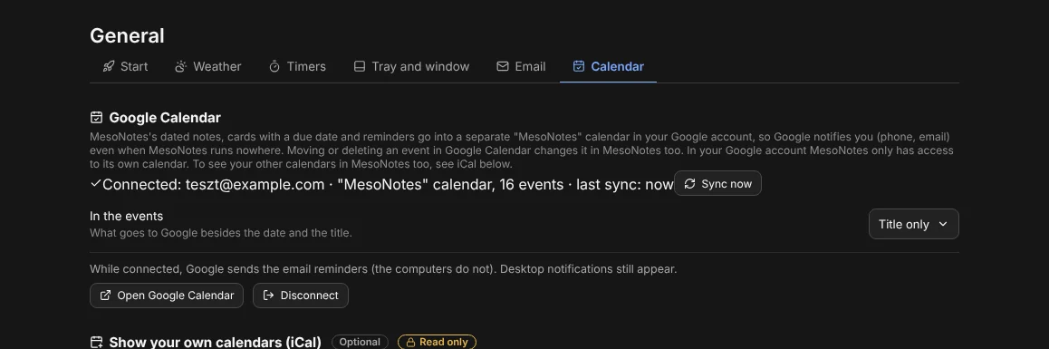 The Google Calendar settings after connecting