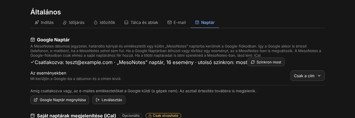 A Google Naptár beállításai csatlakozás után