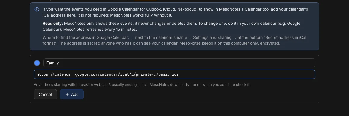 Adding a calendar by its iCal address