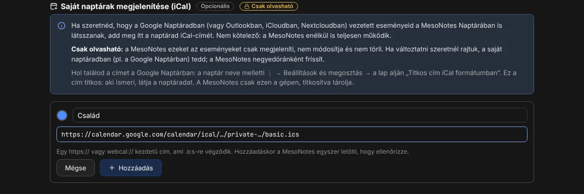 Naptár hozzáadása iCal-címmel