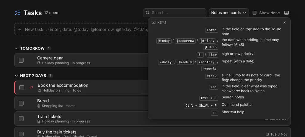 The key help of the Tasks view