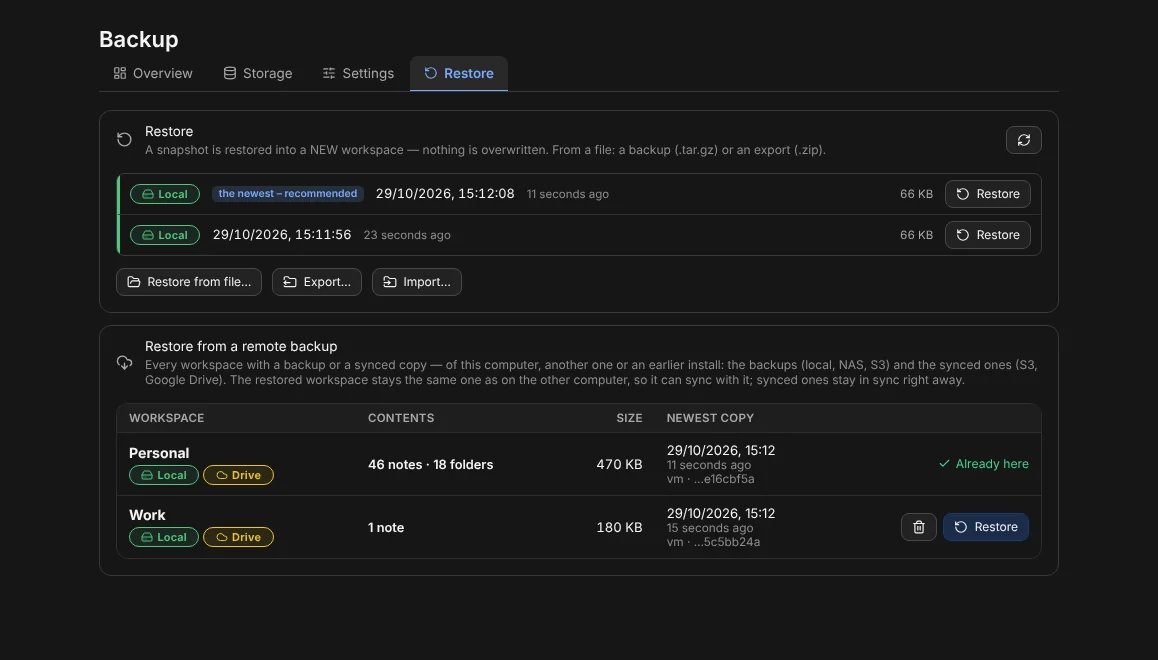 The Restore tab with the list of backups and the table of the remote backups