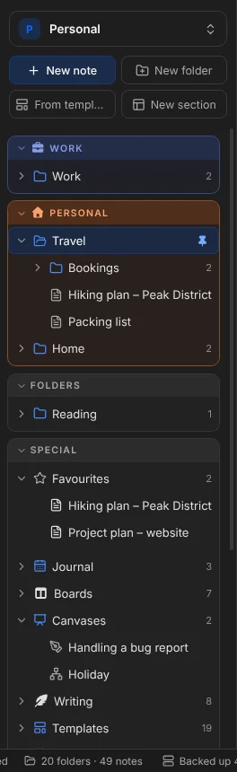 The sidebar with sections