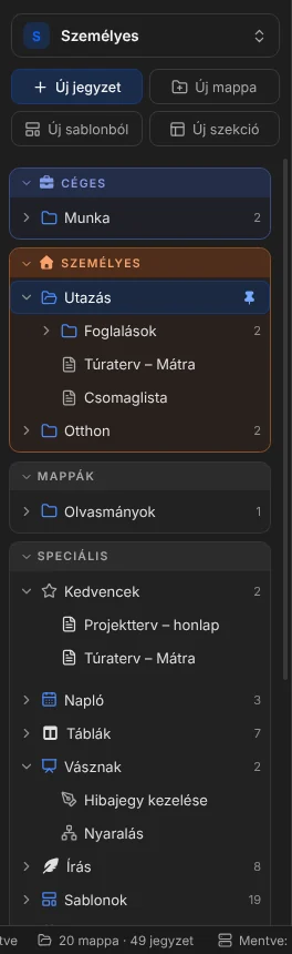 Az oldalsáv szekciókkal