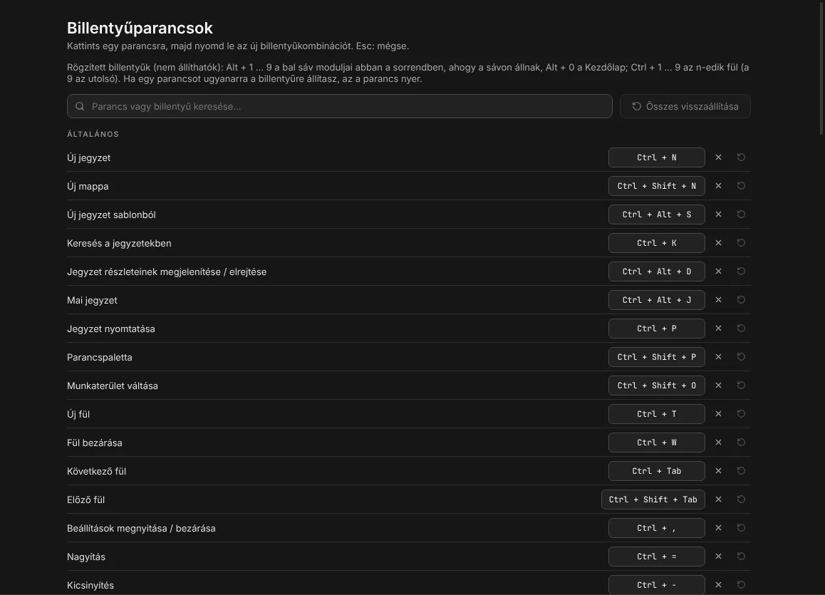 A billentyűparancsok beállítása
