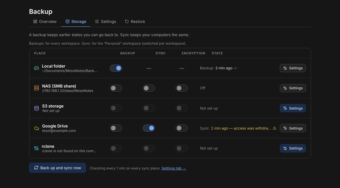 The storage settings