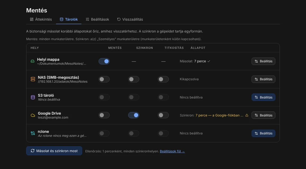 A tárolók beállításai