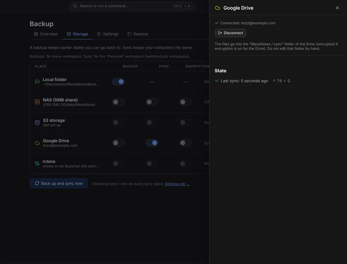 The Storage tab with Google Drive connected