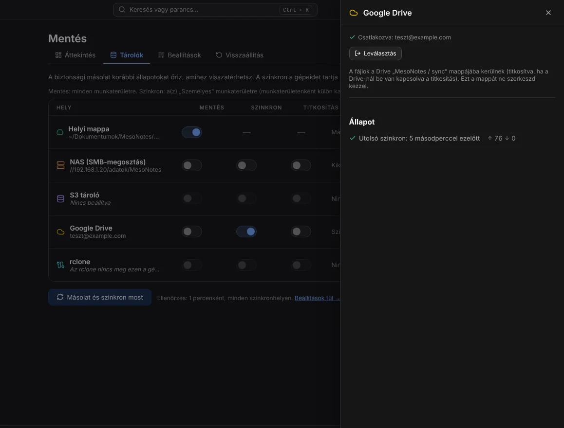 A Tárolók fül a csatlakoztatott Google Drive-val
