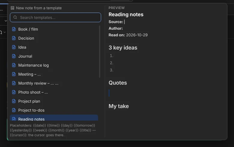 The template picker with a preview