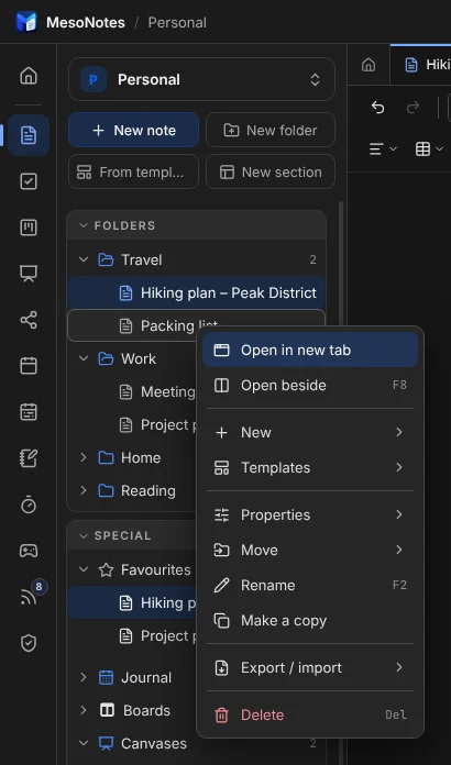 The context menu of a note