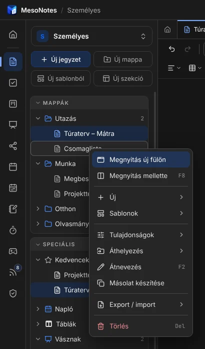 Egy jegyzet helyi menüje