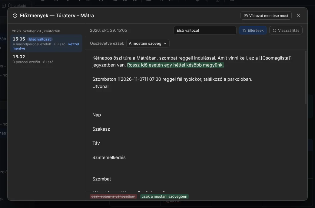 Az előzmények ablaka két változat eltéréseivel