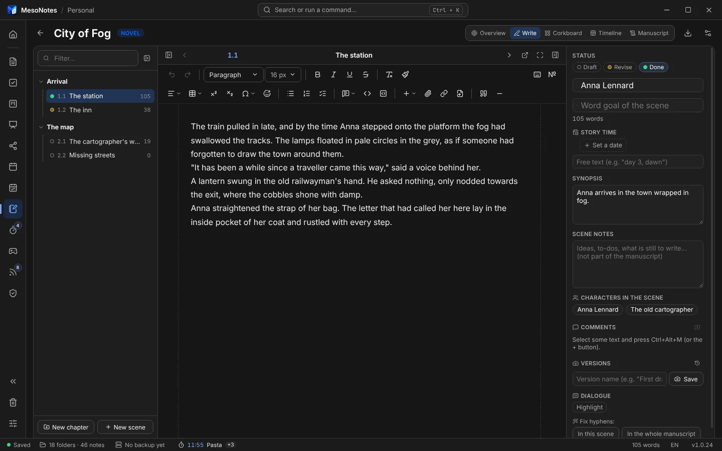 The writing editor with the scene list and the scene data